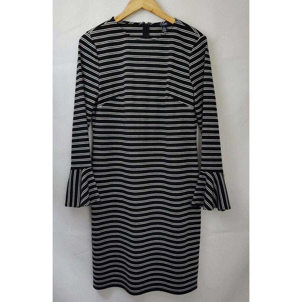 Chaps Womans Black White Stripe Ponte  Sheath Dress Size 12 Flared Bell Sleeve